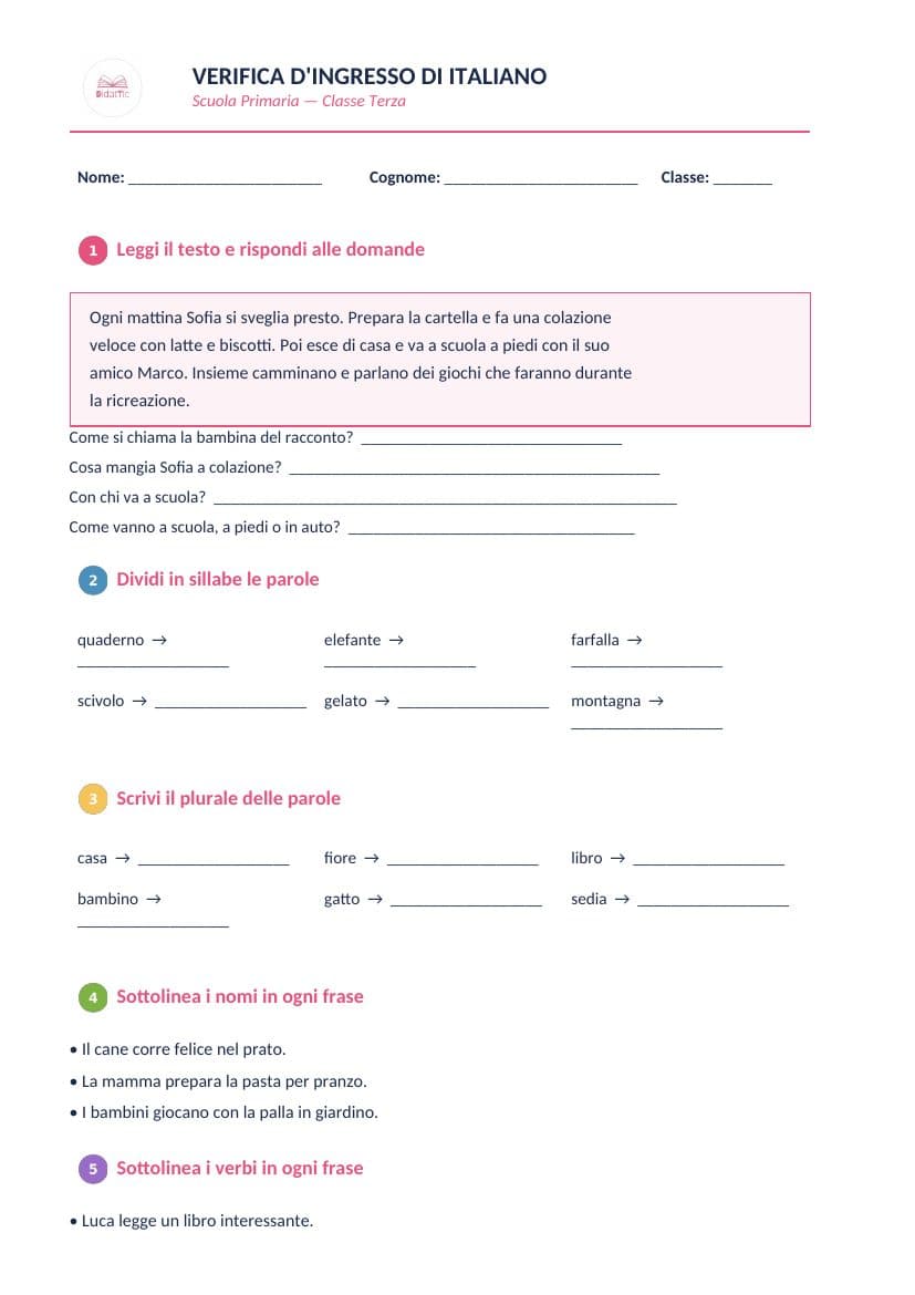 Verifica d'ingresso di italiano — comprensione, nomi e verbi in terza