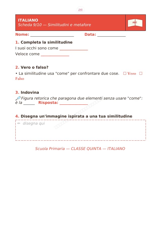 Pagina 9 di 10: Schede di italiano per la classe quinta