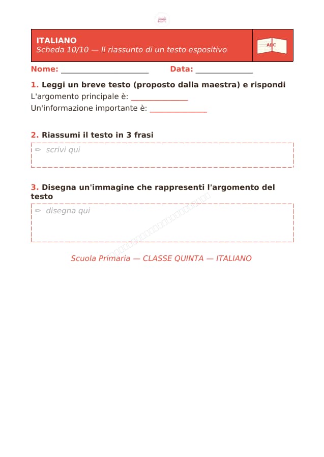 Pagina 10 di 10: Schede di italiano per la classe quinta