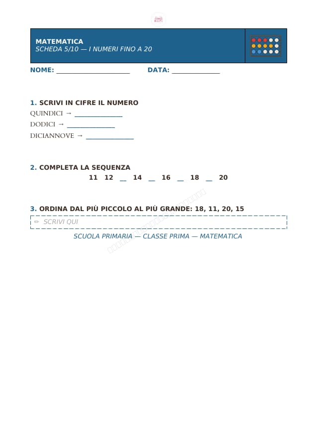 Pagina 5 di 10: Schede di matematica per la classe prima