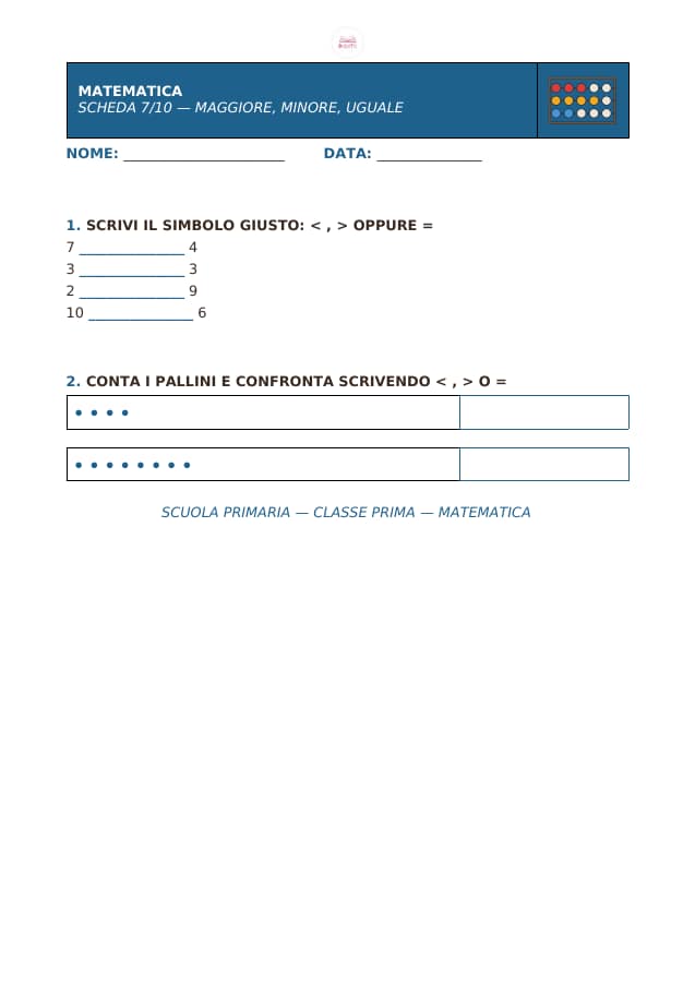 Pagina 7 di 10: Schede di matematica per la classe prima