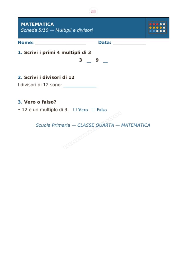 Pagina 5 di 10: Schede di matematica per la classe quarta