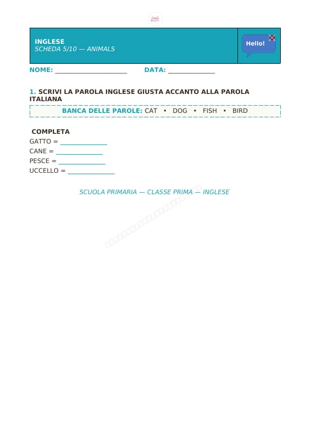 Pagina 5 di 10: Schede di inglese per la classe prima