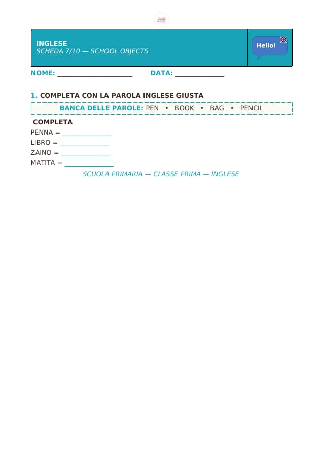 Pagina 7 di 10: Schede di inglese per la classe prima