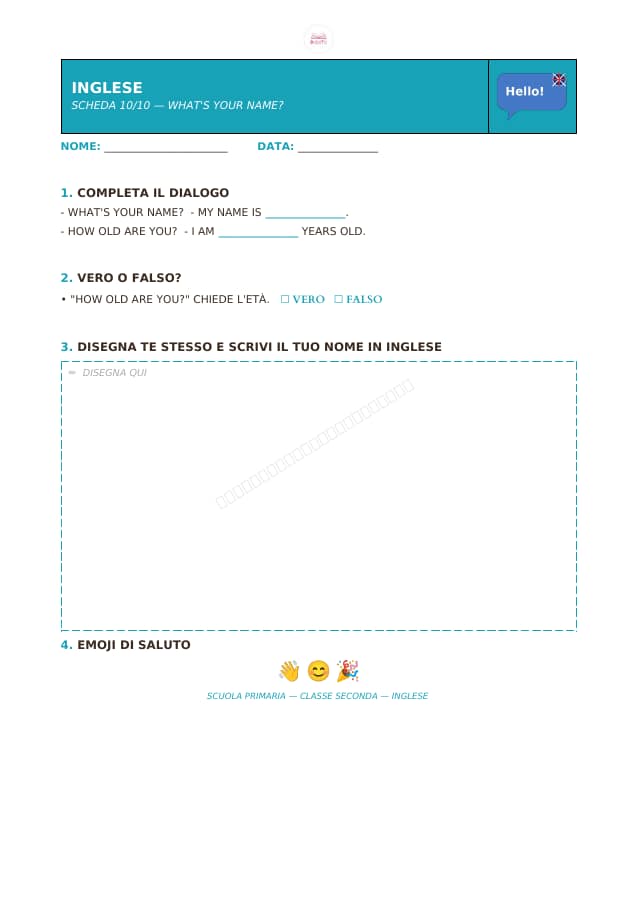 Pagina 10 di 10: Schede di inglese per la classe seconda