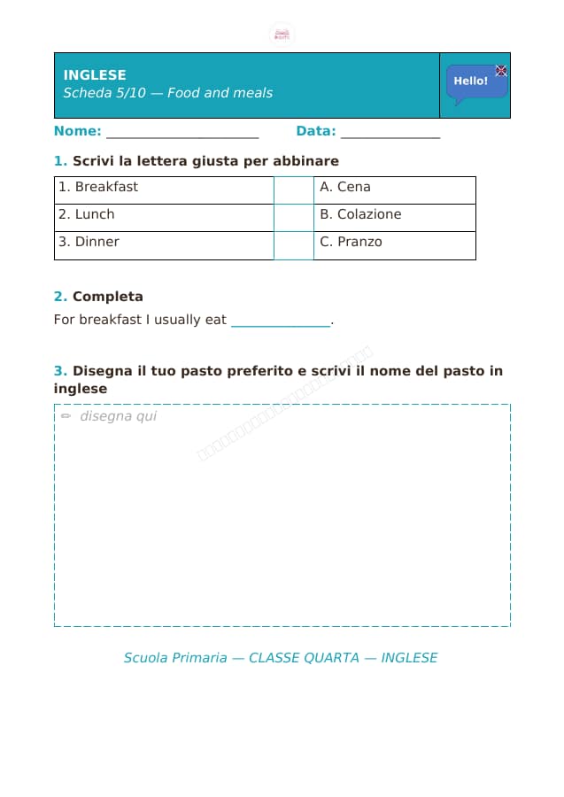Pagina 5 di 10: Schede di inglese per la classe quarta