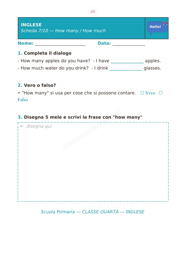 Pagina 7 di 10: Schede di inglese per la classe quarta