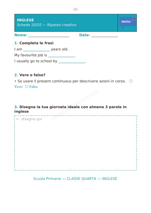 Pagina 10 di 10: Schede di inglese per la classe quarta