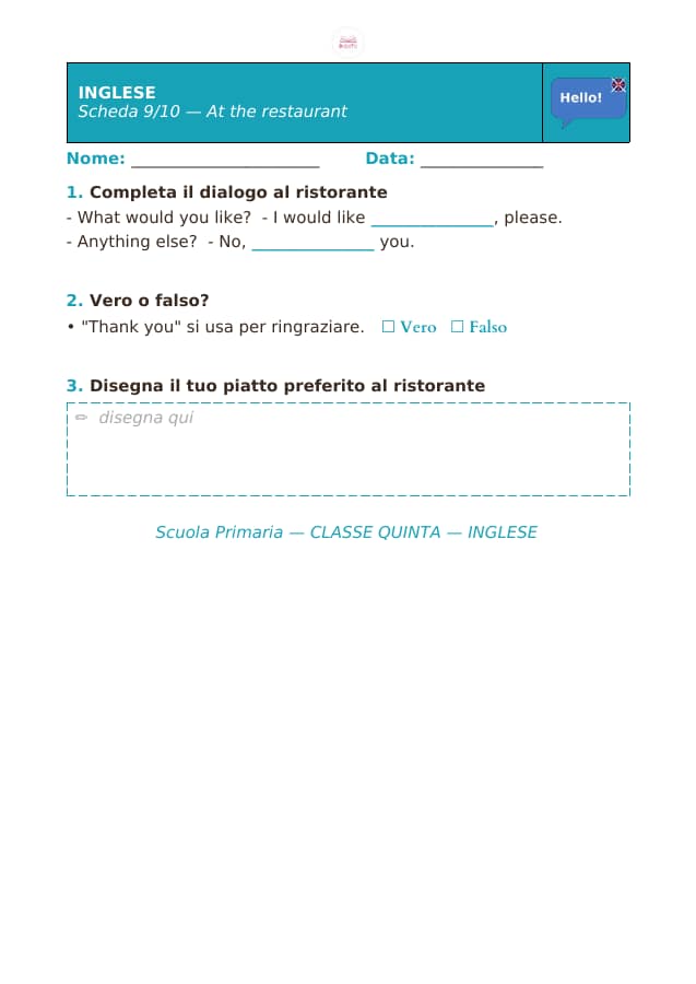 Pagina 9 di 10: Schede di inglese per la classe quinta