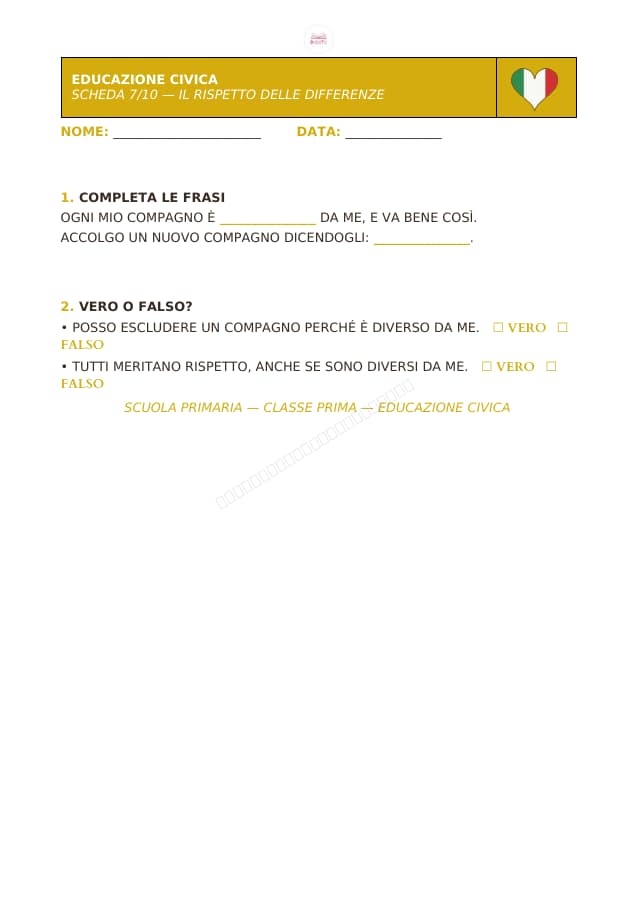 Pagina 7 di 10: Schede di educazione civica per la classe prima