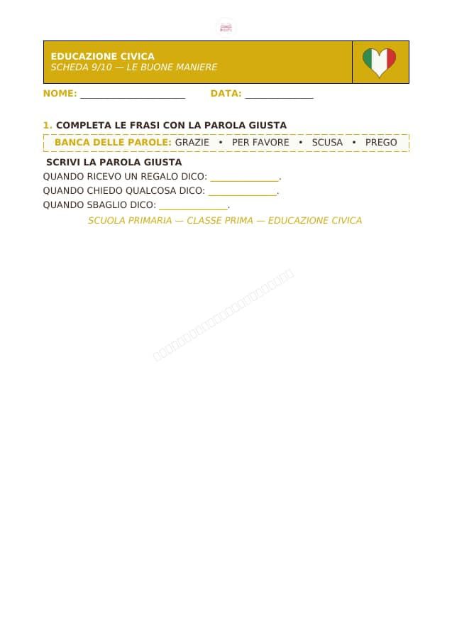 Pagina 9 di 10: Schede di educazione civica per la classe prima