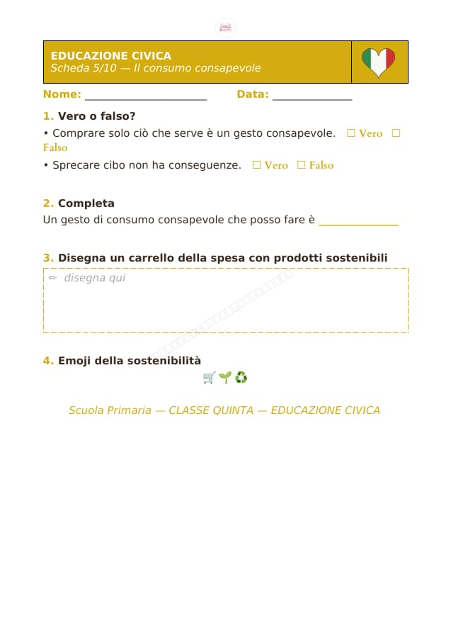 Pagina 5 di 10: Schede di educazione civica per la classe quinta