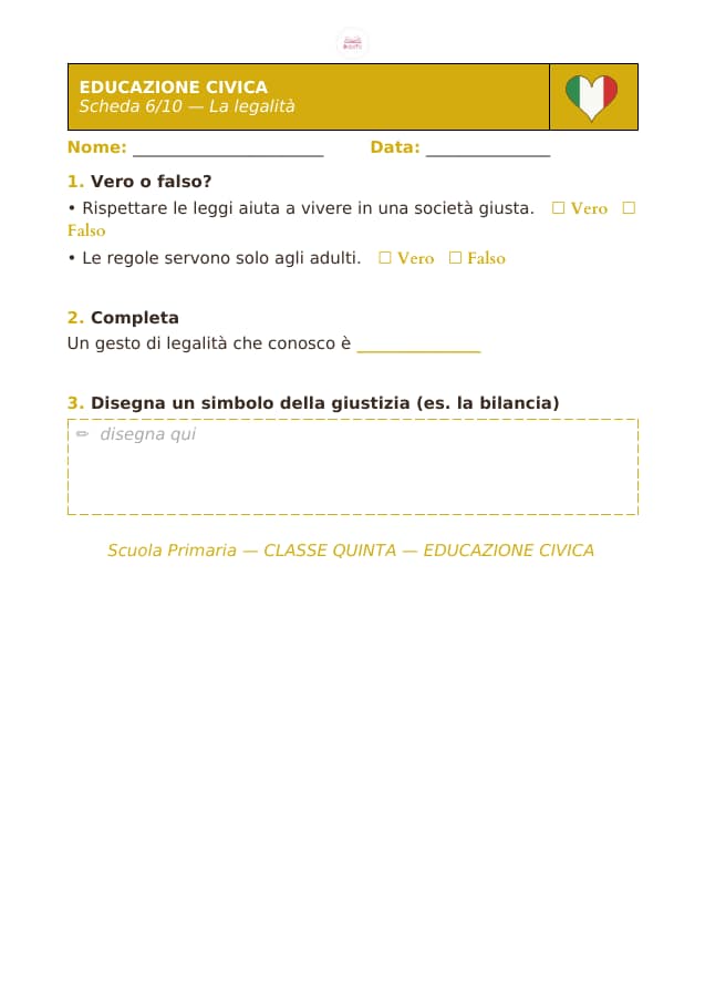 Pagina 6 di 10: Schede di educazione civica per la classe quinta