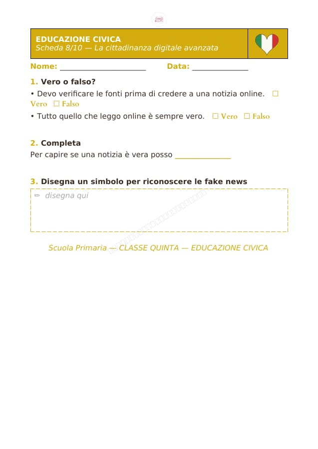 Pagina 8 di 10: Schede di educazione civica per la classe quinta